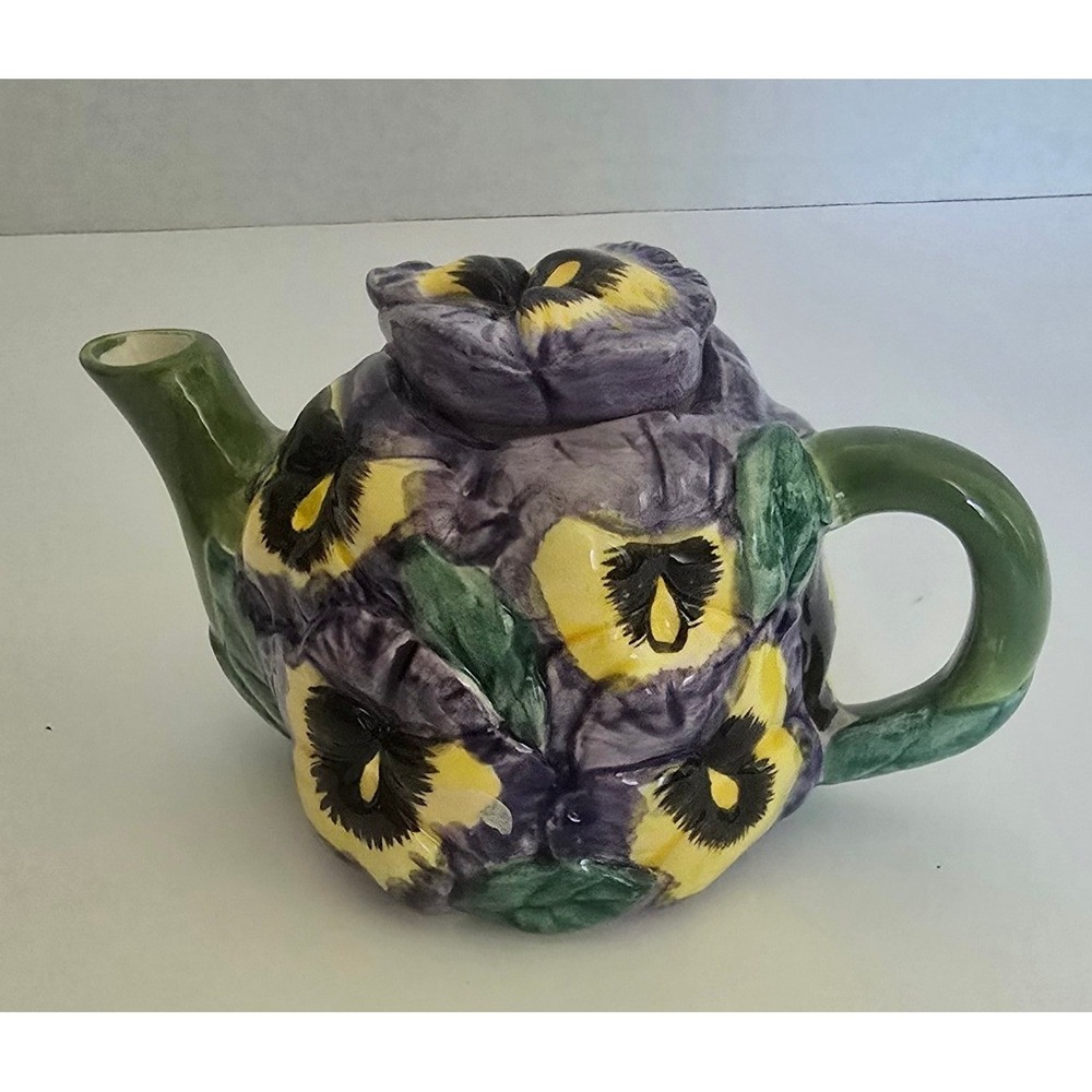 Papel Freelance Pansy Flower Ceramic Teapot Purple Yellow Floral Cottagecore